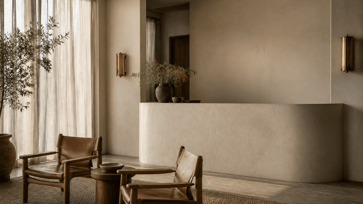 Retail interior on Abbot Kinney with waxed timber fixtures, aged brass rails, and daylight across plaster walls
